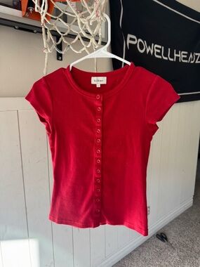 bohme Red Button-Front Ribbed Short Sleeve Top